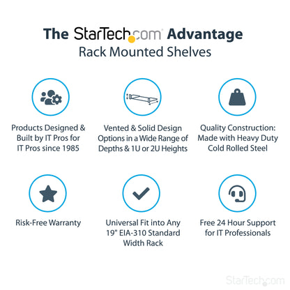 StarTech.com 2U Server Rack Shelf - Universal Rack Mount Cantilever Shelf for 19" Network Equipment Rack & Cabinet - Heavy Duty Steel – Weight Capacity 44lb/20kg - 16" Deep Tray, Black