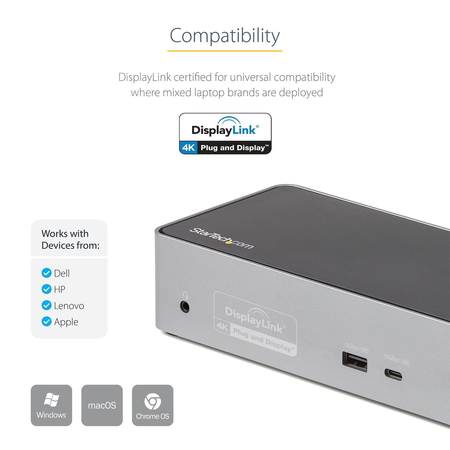 StarTech.com USB C Dock - 4K 60Hz Quad Monitor DisplayPort & HDMI - Universal USB-C Docking Station with 100W Power Delivery - USB Hub with 1x USB Type-C & 3x USB-A, Ethernet, Audio