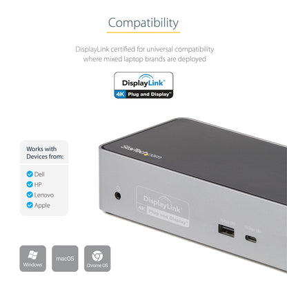 StarTech.com USB C Dock - 4K 60Hz Quad Monitor DisplayPort & HDMI - Universal USB-C Docking Station with 100W Power Delivery - USB Hub with 1x USB Type-C & 3x USB-A, Ethernet, Audio