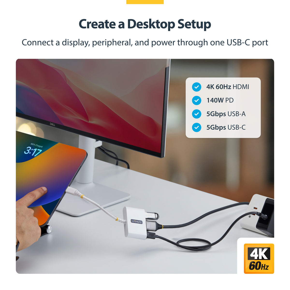StarTech.com USB-C to HDMI Multiport Adapter with 140W PD Charging, 4K 60Hz HDMI, USB 5Gbps Hub, Mini Dock For MacBook / Dell / Thinkpad / HP / iPad / Tablets