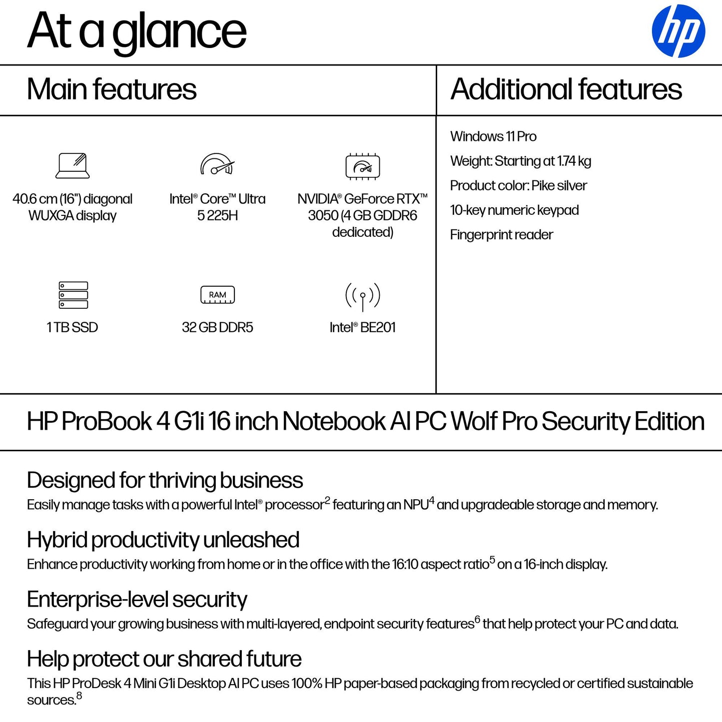 HP ProBook 4 G1i AI PC Wolf Pro Security Edition Intel Core Ultra 5 225H Laptop 40.6 cm (16") WUXGA 32 GB DDR5-SDRAM 1 TB SSD NVIDIA GeForce RTX 3050 Wi-Fi 7 (802.11be) Windows 11 Pro Silver