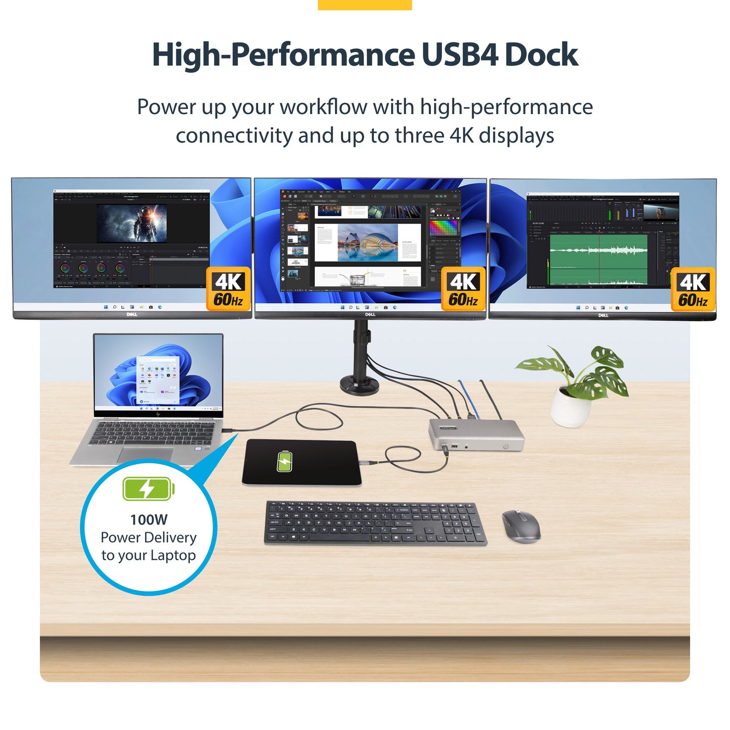 StarTech.com Triple-Monitor USB4 Docking Station, 4K 60Hz HDMI or DisplayPort, 100W Laptop Charging, 2.5GbE, USB-C Multi-Monitor Dock, Driverless