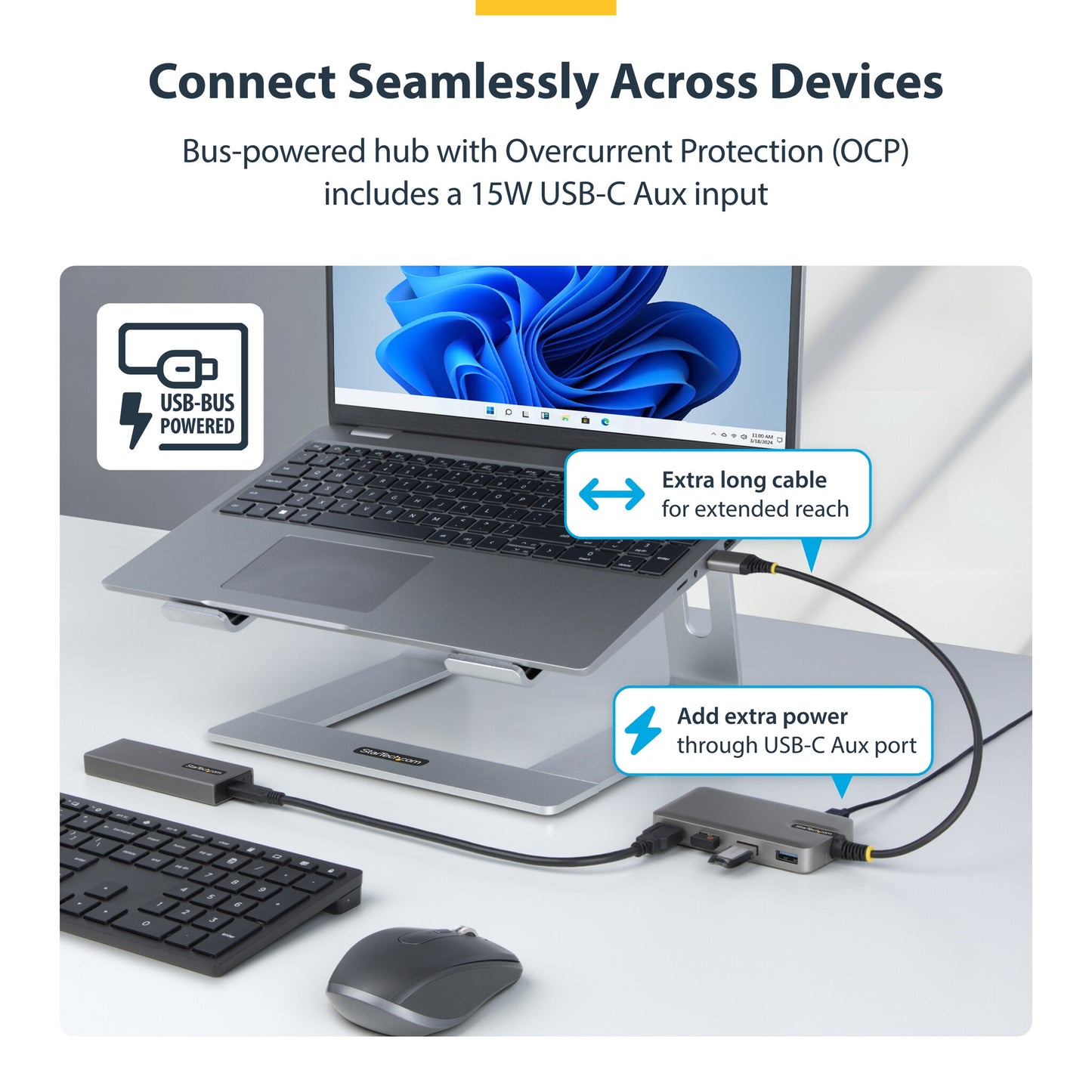 StarTech.com 4-Port USB-A Hub, 5Gbps, Bus Powered, USB-A to 4x USB-A Hub with USB-C Auxiliary Power Input, 1ft/30cm Host Cable, Portable Desktop/Laptop USB Hub