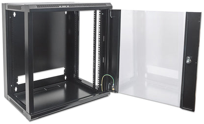 Intellinet 19" Network Cabinet - Wall Mount (Standard), 12U, 450mm Deep, Black, Flatpack, Max 60kg, Suitable also for use on desk or floor, Usable Depth 270mm to 350mm, Metal & Glass Door, Back Panel, Removeable Sides,Parts for wall installation not inclu