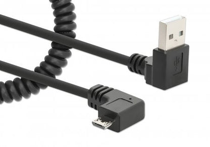 Manhattan USB-A to Micro-USB Cable, 1m, Male to Male, Black, 480 Mbps (USB 2.0), Tangle Resistant Curly Design, Angled Connectors, Ideal for Charging Cabinets/Carts, Hi-Speed USB, Lifetime Warranty, Polybag