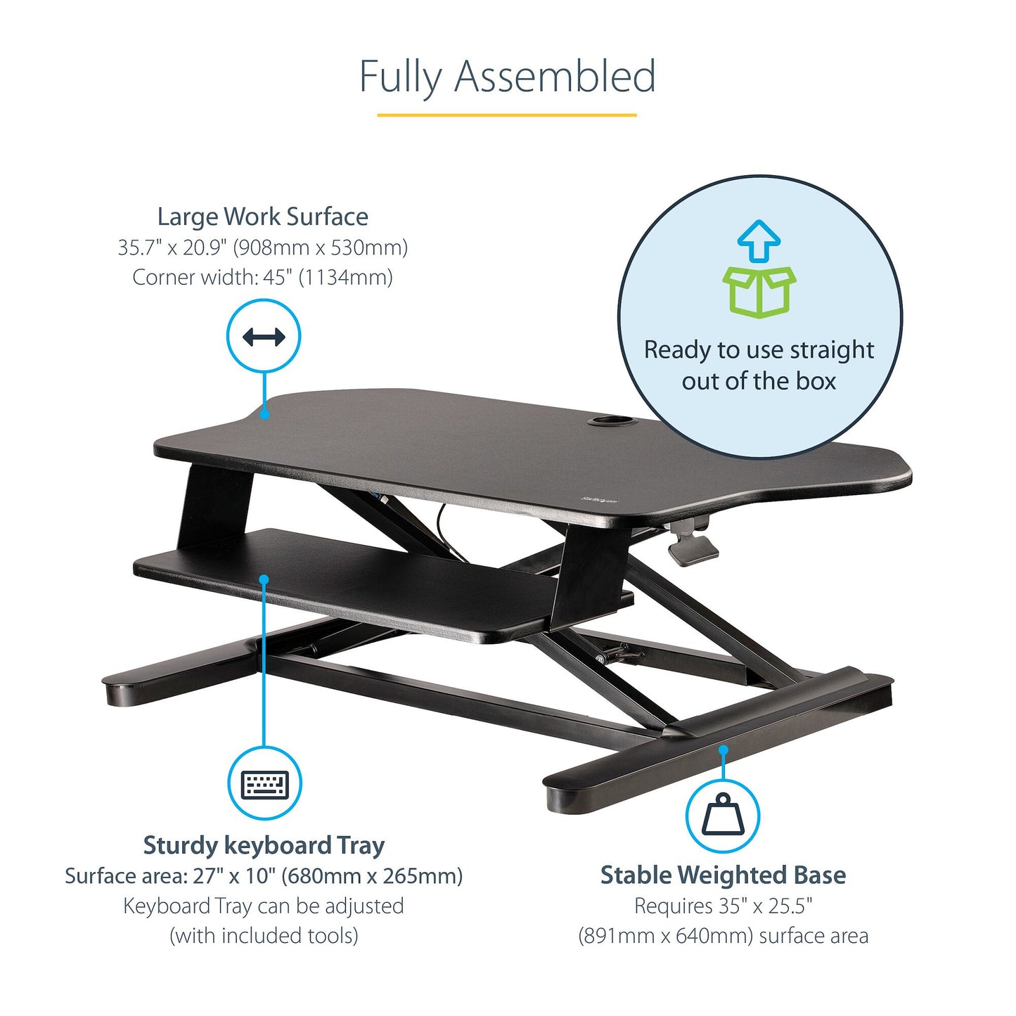 StarTech.com Corner Sit Stand Desk Converter with Keyboard Tray - Large Surface (35" x 21") - Height Adjustable Ergonomic Desktop/Tabletop Standing Workstation - Supports Dual Monitors - TAA