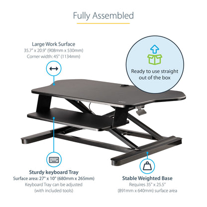 StarTech.com Corner Sit Stand Desk Converter with Keyboard Tray - Large Surface (35" x 21") - Height Adjustable Ergonomic Desktop/Tabletop Standing Workstation - Supports Dual Monitors - TAA
