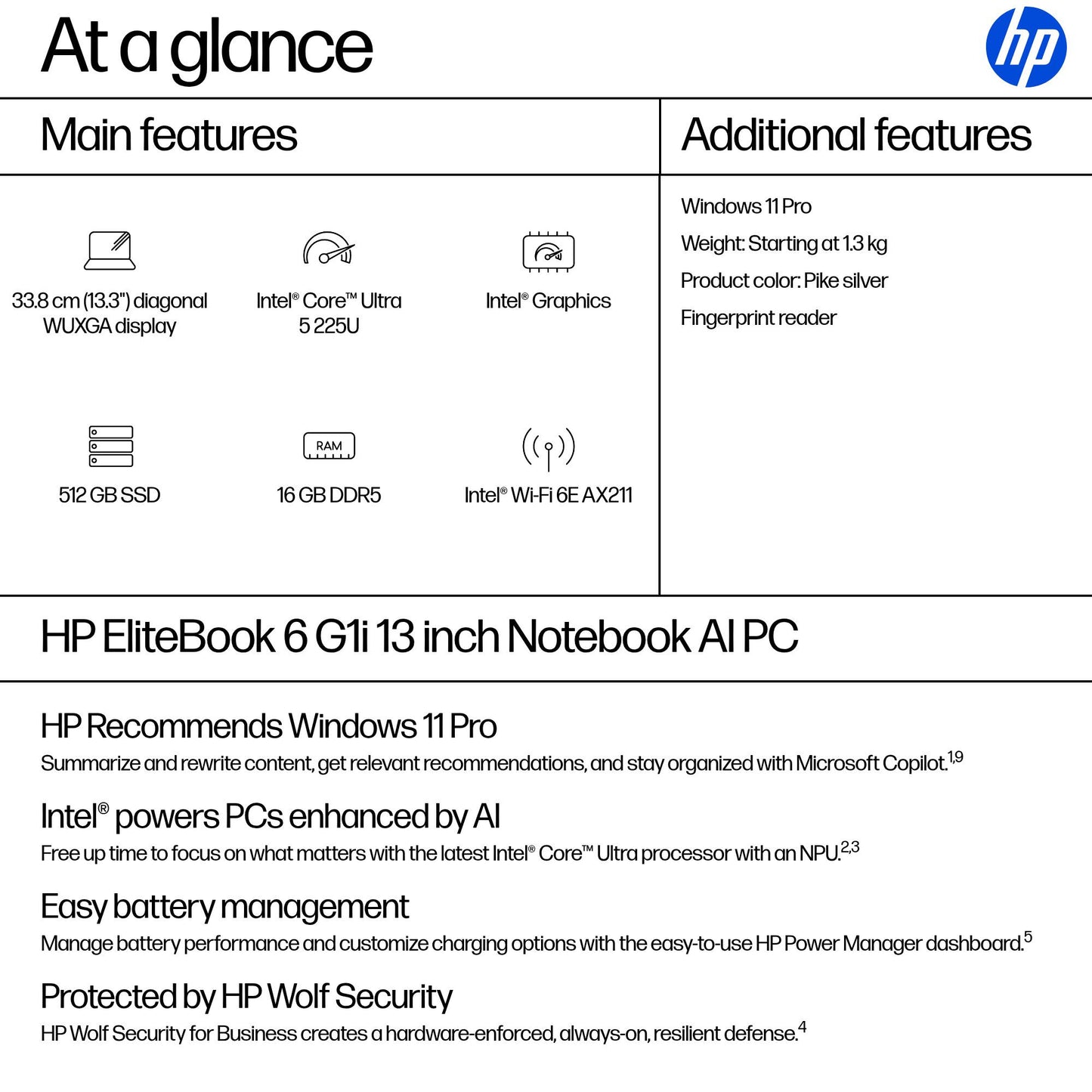 HP EliteBook 6 G1i AI PC Intel Core Ultra 5 225U Laptop 33.8 cm (13.3") WUXGA 16 GB DDR5-SDRAM 512 GB SSD Wi-Fi 6E (802.11ax) Windows 11 Pro Silver