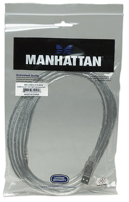 Manhattan USB-A to USB-B Cable, 3m, Male to Male, Translucent Silver, 480 Mbps (USB 2.0), Hi-Speed USB, Lifetime Warranty, Equivalent to USB2AA2M (except colour).