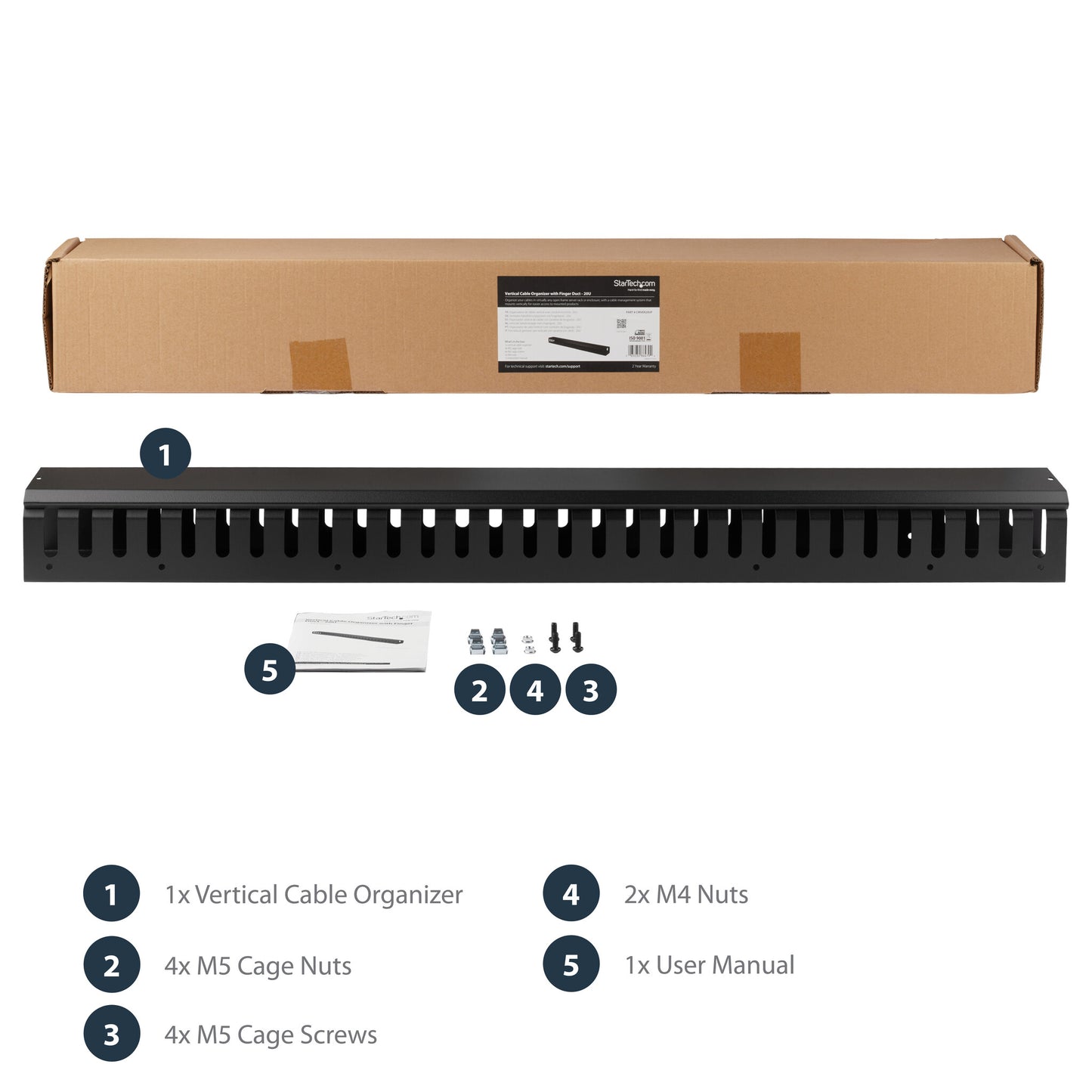 StarTech.com Vertical Cable Organizer with Finger Ducts - 20U - 3 ft.