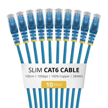 StarTech.com 1m Blue Slim CAT6 Cable, 10 Pack, Snagless, 100W PoE, UTP, LSZH, 28AWG Pure Bare Copper Wire, Slim RJ45 Network Patch Cord w/Strain Reliefs, Individually Tested