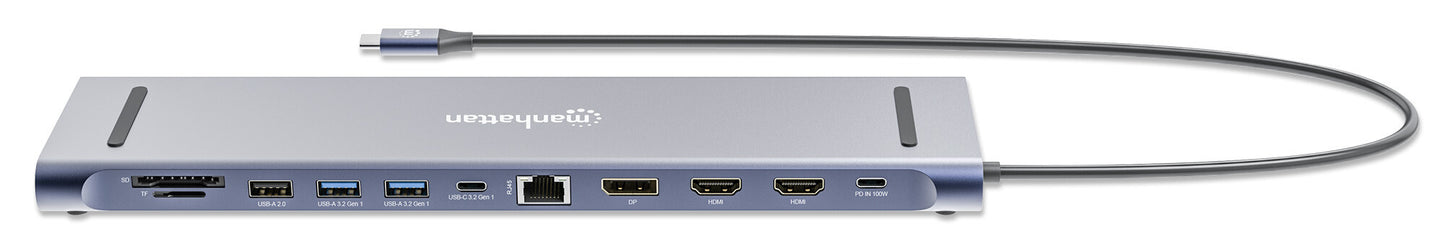 Manhattan USB-C Dock/Hub with Card Reader, Ports (x10): Audio 3.5mm, DisplayPort, Ethernet, HDMI (x2),USB-A (x3) and USB-C (x2),with PD 100W- requires external USB-C charger (not included). USB powered (no external power supply required) when PD is not in