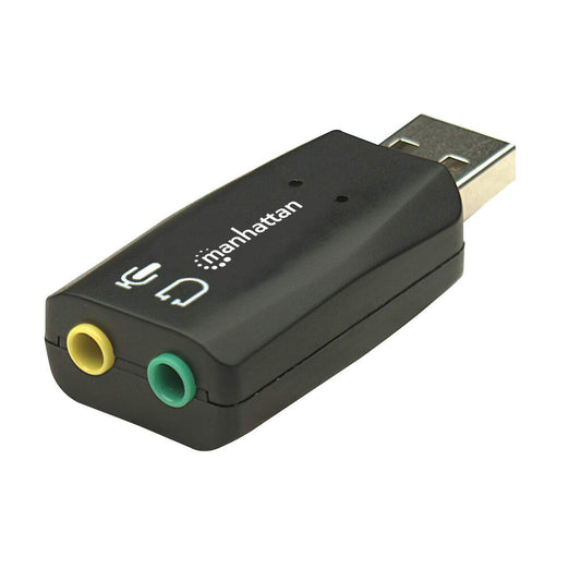 Manhattan USB-A Sound Adapter, USB-A to 3.5mm Mic-in and Audio-Out ports, 480 Mbps (USB 2.0), supports 3D and virtual 5.1 surround sound, Hi-Speed USB, Black, Three Year Warranty