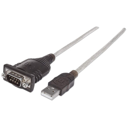 Manhattan USB-A to RS232 Serial Adapter, 45cm, DB9 Male, Prolific PL-2303RA Chip, Black/Silver, Three Year Warranty
