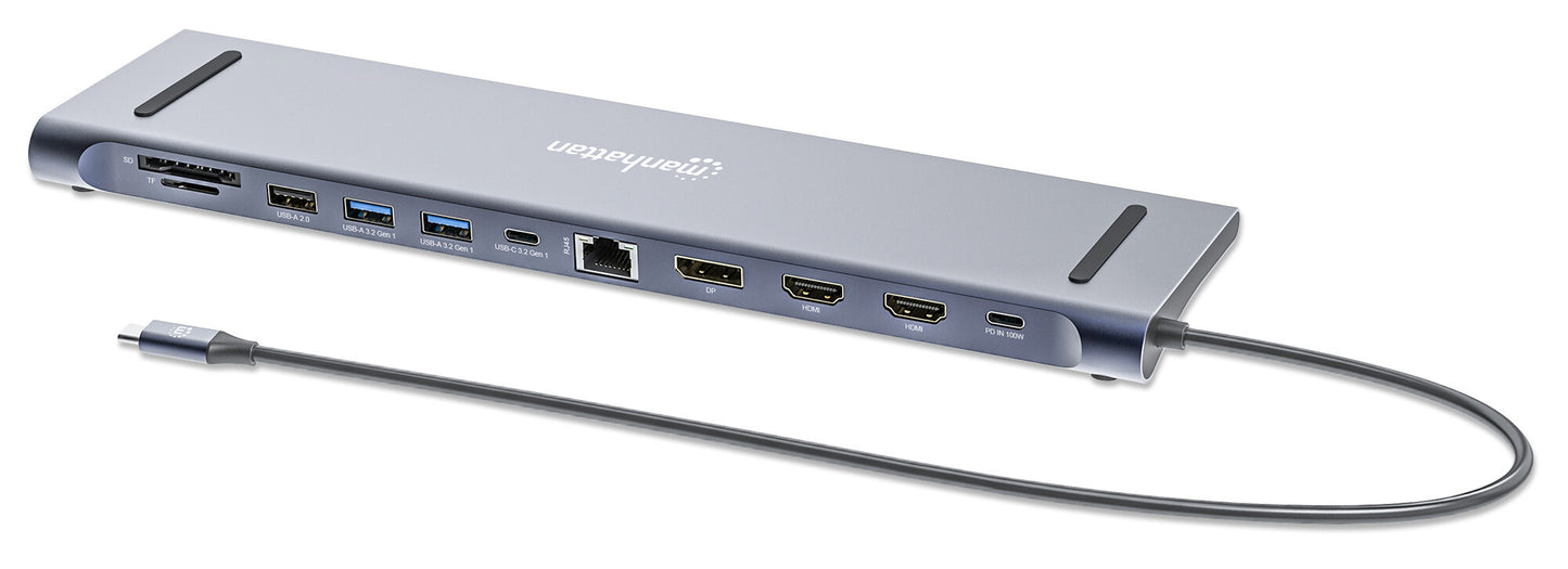 Manhattan USB-C Dock/Hub with Card Reader, Ports (x10): Audio 3.5mm, DisplayPort, Ethernet, HDMI (x2),USB-A (x3) and USB-C (x2),with PD 100W- requires external USB-C charger (not included). USB powered (no external power supply required) when PD is not in