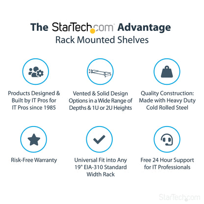 StarTech.com 2U Server Rack Shelf - Universal Rack Mount Cantilever Shelf for 19" Network Equipment Rack & Cabinet - Heavy Duty Steel – Weight Capacity 50lb/23kg - 22" Deep Tray, Black