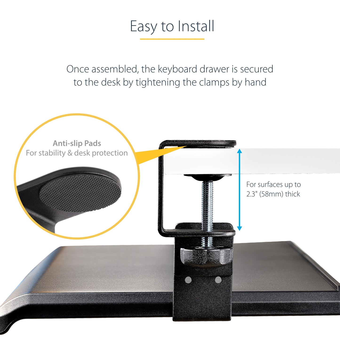 StarTech.com Under-Desk Keyboard Tray, Clamp-on Ergonomic Keyboard Holder, Up to 12kg (26.5lb), Sliding Keyboard and Mouse Drawer with C-Clamps, Height Adjustable Keyboard Tray (3.9/4.7/5.5 in) - TAA