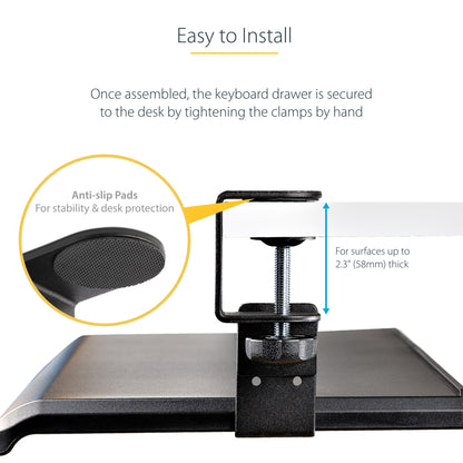 StarTech.com Under-Desk Keyboard Tray, Clamp-on Ergonomic Keyboard Holder, Up to 12kg (26.5lb), Sliding Keyboard and Mouse Drawer with C-Clamps, Height Adjustable Keyboard Tray (3.9/4.7/5.5 in) - TAA