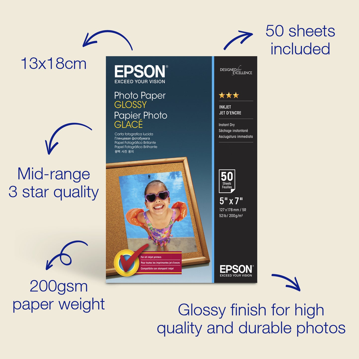 Epson Glossy Photo Paper (130 x 180mm), 200gsm, 50 sheets