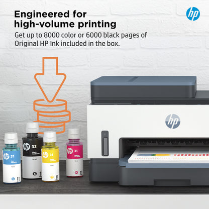 HP Smart Tank 7308 Wireless All-in-One Color Printer, Up to 2 Years of ink included; Two-sided printing; Copier, Scanner