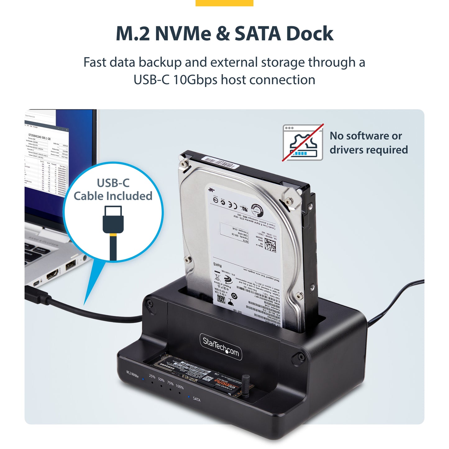 StarTech.com M.2 NVMe to 2.5/3.5" SATA Drive Duplicator, Dual Bay Standalone SSD Cloner/Drive Dock, Bidirectional NVMe to SATA / SATA to NVMe, Up to 27GBpm, TAA