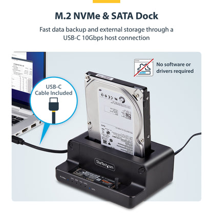 StarTech.com M.2 NVMe to 2.5/3.5" SATA Drive Duplicator, Dual Bay Standalone SSD Cloner/Drive Dock, Bidirectional NVMe to SATA / SATA to NVMe, Up to 27GBpm, TAA