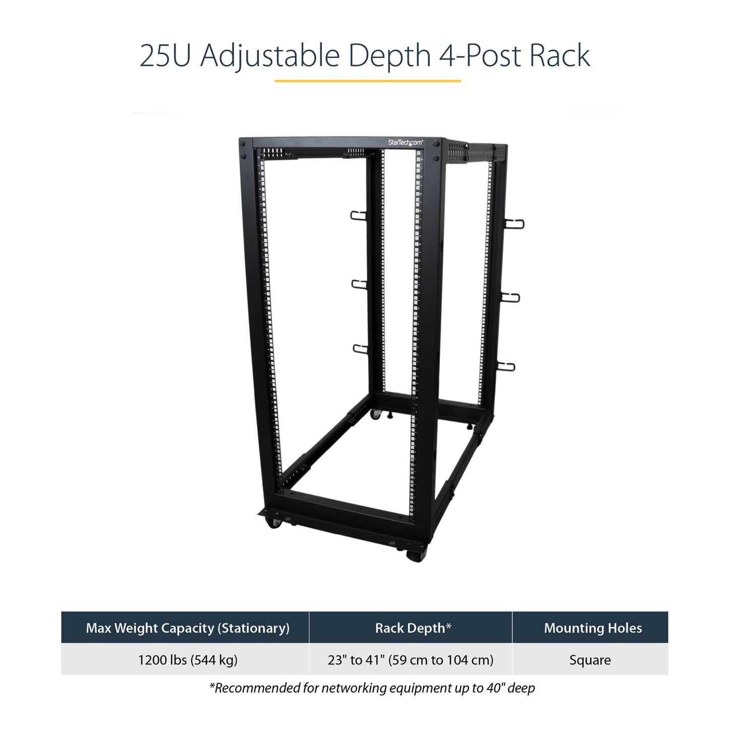 StarTech.com 25U 4-Post Server Rack, 19in Open Frame Rack with 40in (101cm) Mounting Depth and 1200lb (544kg) Weight Capacity, Mobile or Floor Mount IT Rack