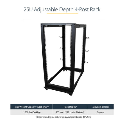 StarTech.com 25U 4-Post Server Rack, 19in Open Frame Rack with 40in (101cm) Mounting Depth and 1200lb (544kg) Weight Capacity, Mobile or Floor Mount IT Rack