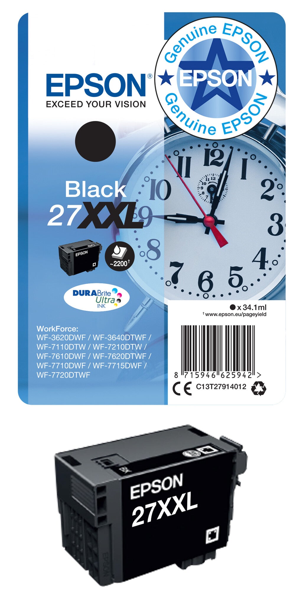 Epson Alarm clock Singlepack Yellow 27XL DURABrite Ultra Ink