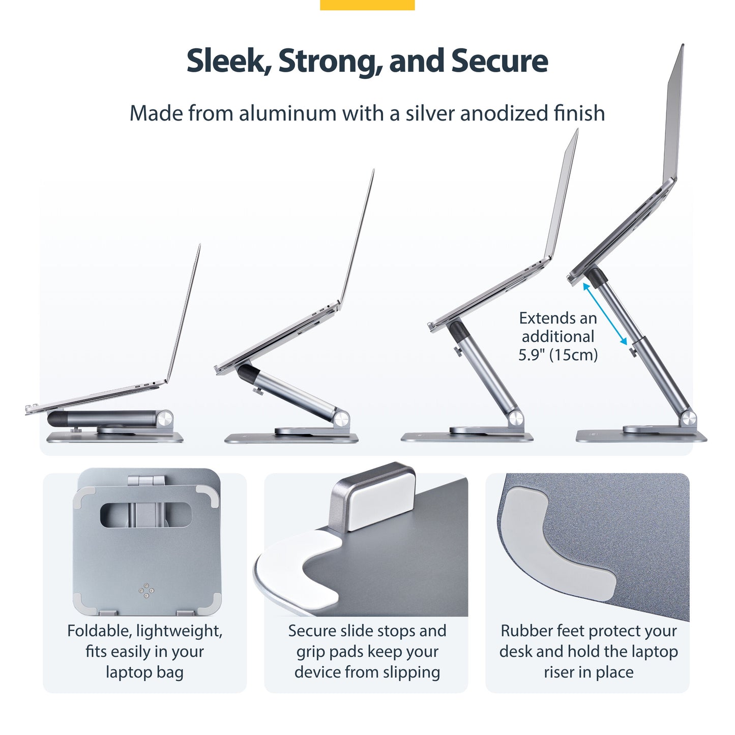StarTech.com Telescopic Laptop Stand, 360 Swivel Base, Rotating Computer Riser for Desk, Adjustable Height and Tilt, Max 11lb/5kg, Aluminum Build, Portable Design