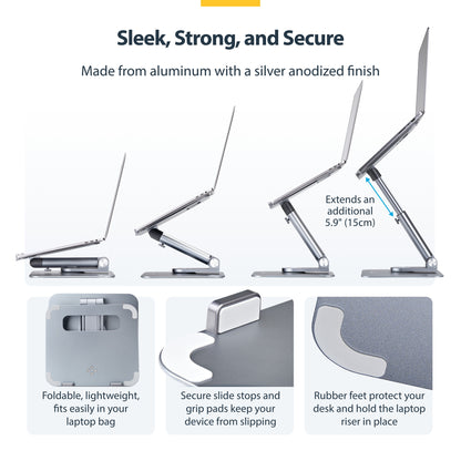 StarTech.com Telescopic Laptop Stand, 360 Swivel Base, Rotating Computer Riser for Desk, Adjustable Height and Tilt, Max 11lb/5kg, Aluminum Build, Portable Design