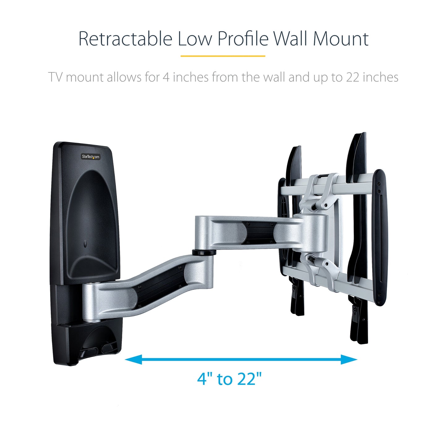 StarTech.com Articulating TV Wall Mount, VESA Wall Mount, Supports 26 to 65 inch/99lb/Flat/Curved TVs, Retractable Low Profile Wall Mount TV Bracket, Adjustable Corner TV Wall Mount - TAA