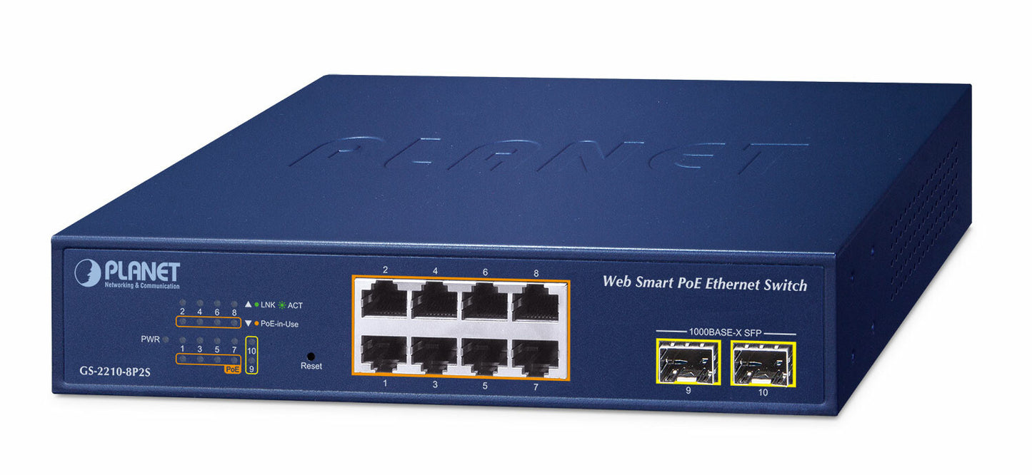 PLANET 8-Port 10/100/1000T 802.3at Managed L2 Gigabit Ethernet (10/100/1000) Blue