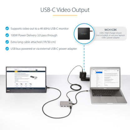 StarTech.com 4-Port USB-C Hub with USB-C DP Alt Mode Video Output 4K 60Hz - 3x USB-A, 1x USB Type-C, 100W Power Delivery Pass-Through, USB 3.2 10Gbps, 1ft/30cm Cable, Portable USB Hub