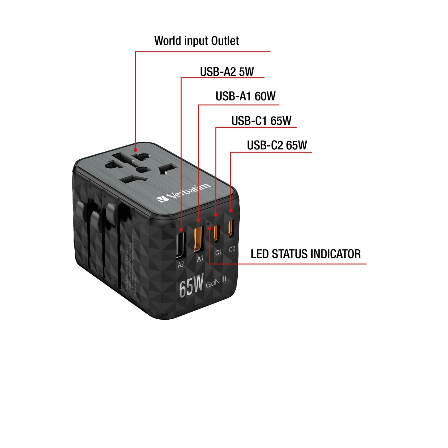 Verbatim GaN III Universal Travel Adapter UTA-05 with 2 x USB-C PD & QC 4+ & 2 x USB-A ports