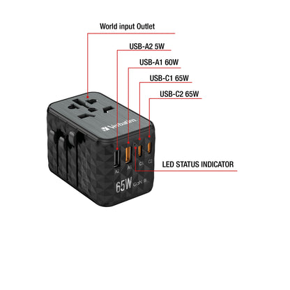 Verbatim GaN III Universal Travel Adapter UTA-05 with 2 x USB-C PD & QC 4+ & 2 x USB-A ports