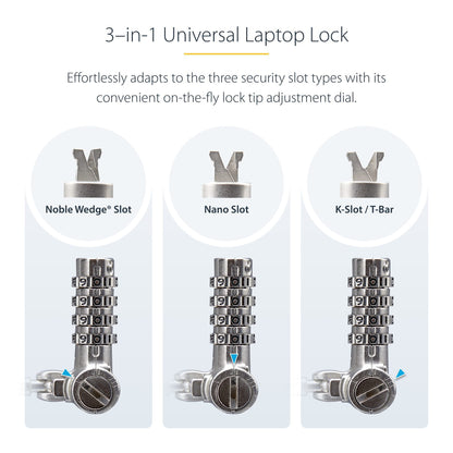 StarTech.com Universal Laptop Cable Lock 6.6ft (2m), Serialized Security Cable for Notebook, Compatible w/Noble Wedge®/Nano/K-Slot; Keyless Combination Cable, TAA