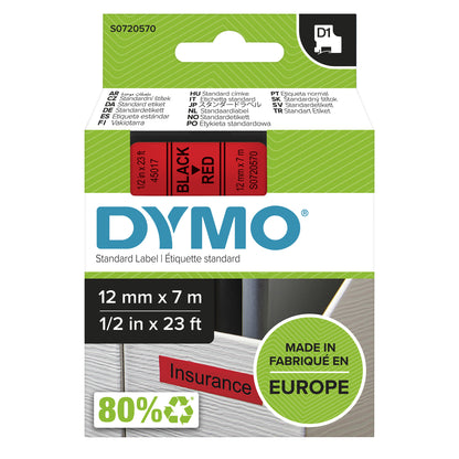 DYMO Authentic D1 Labels | Black Print on Red Tape | 12 mm x 7 m | Self-Adhesive Labels for LabelManager Label Makers | Made in Europe