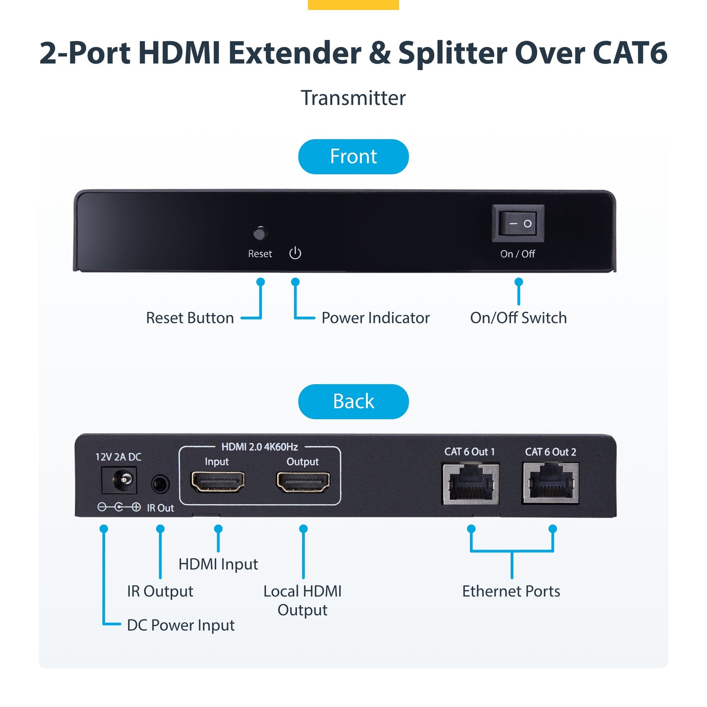 StarTech.com 2-Port HDMI Extender and Splitter Over CAT6, 4K 60Hz, Up to 230ft (70m), 1x2 HDMI over Ethernet Distribution Kit with IR and Power Over Cable