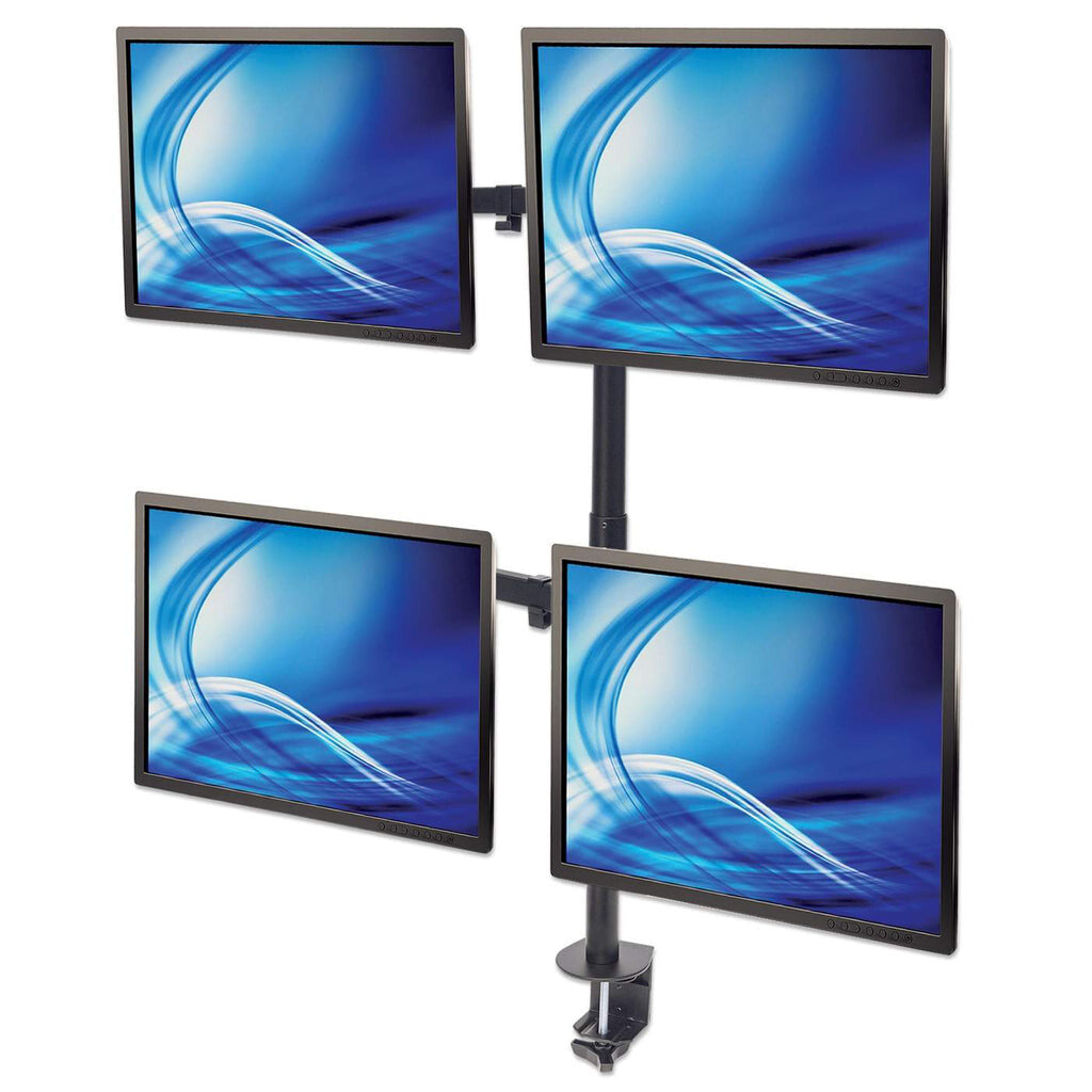 Manhattan Quad Desk Mount for TV & Monitors, For screens 10" to 27", Stand or Clamp Assembly, VESA compatibility: 75x75 and 100x100mm - check the dimensions of the four mounting holes on back of screen to ensure it fits, Max 8kg (each), Black, Bracket