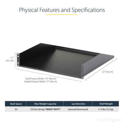 StarTech.com 2U Server Rack Shelf - Universal Rack Mount Cantilever Shelf for 19" Network Equipment Rack & Cabinet - Heavy Duty Steel – Weight Capacity 125lb/56kg - 18" Deep Tray, Black