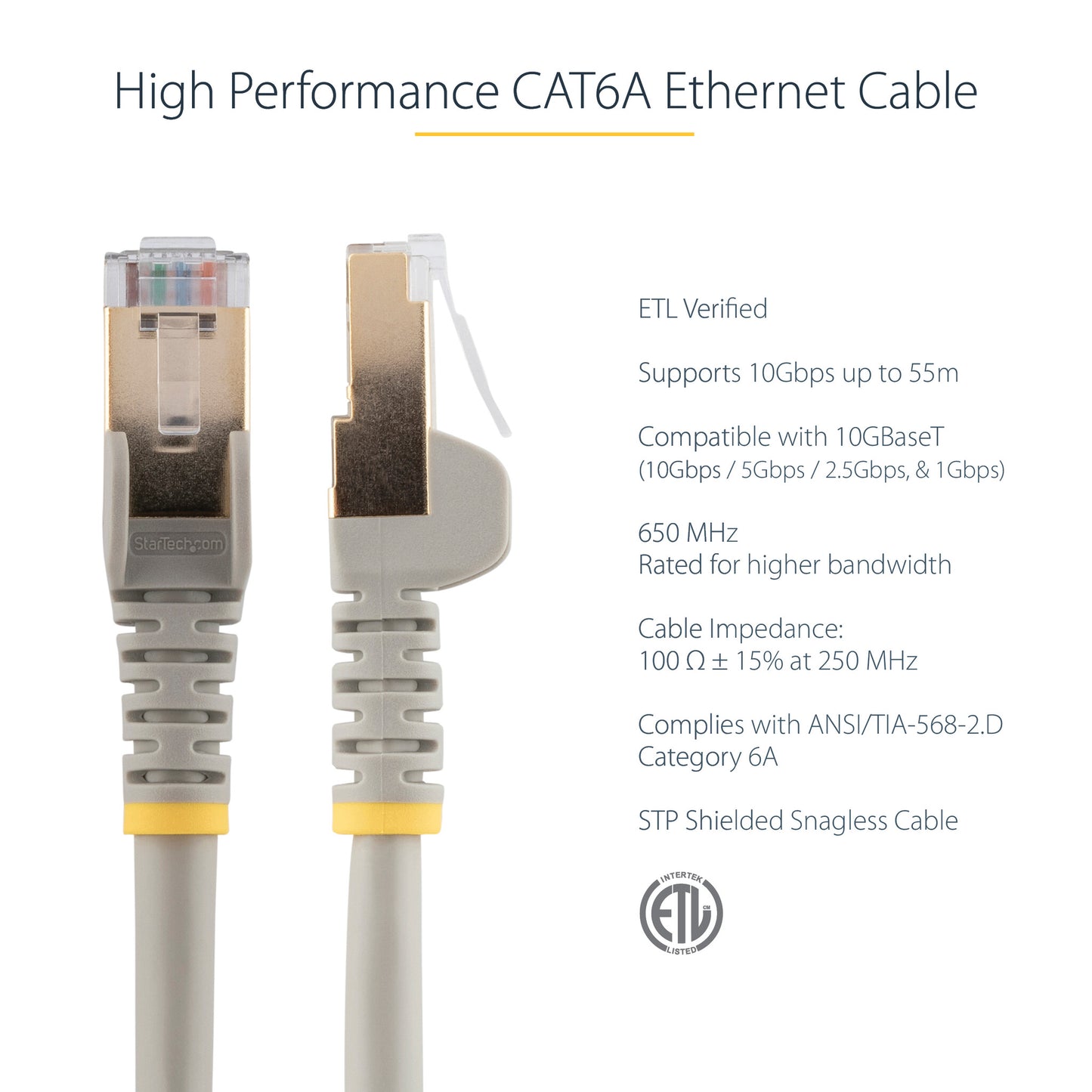 StarTech.com 5m CAT6a Ethernet Cable - 10 Gigabit Shielded Snagless RJ45 100W PoE Patch Cord - 10GbE STP Network Cable w/Strain Relief - Grey Individually Tested/Wiring is UL Certified/TIA