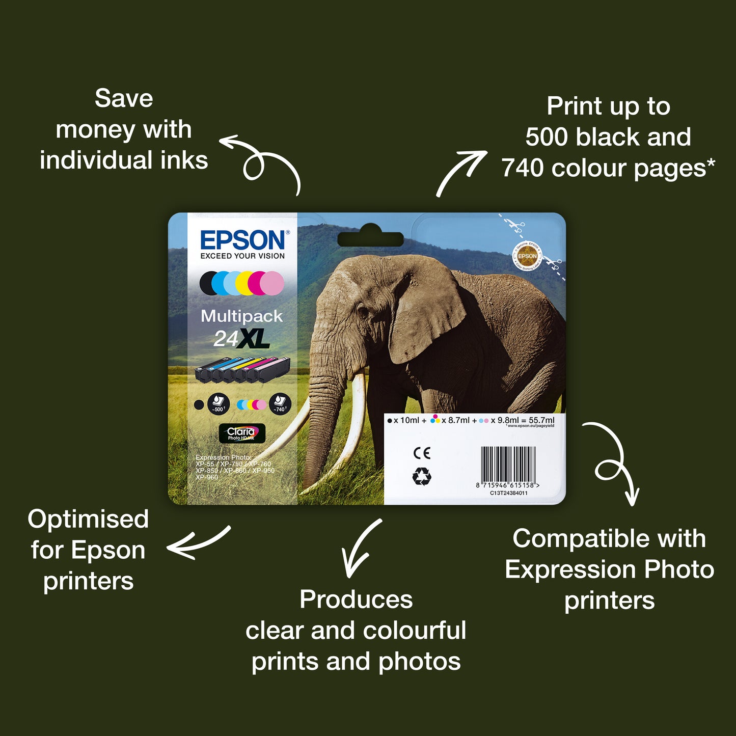 Epson Elephant 24 Claria Photo HD Single Black Ink