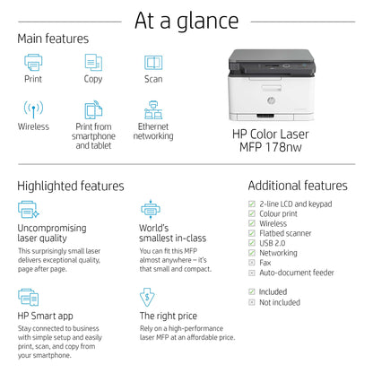 HP Laser 178nw Wireless Multifunction Color Printer, Copier, Scanner; Duplex