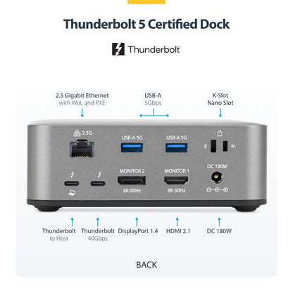 StarTech.com Thunderbolt 5 Universal Docking Station, Multi-Display Hub, 8K 60Hz or 4K 144Hz, 120Gbps Bandwidth Boost, 140W PD, 30W Phone Charging, USB 10Gbps, 2.5G LAN