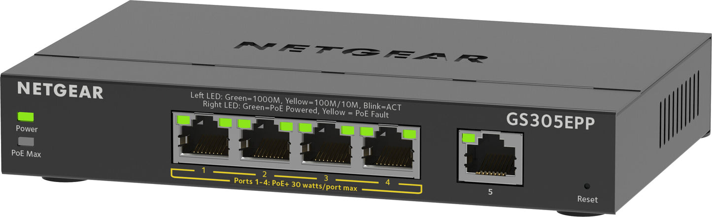 NETGEAR 5-Port Gigabit Ethernet High-Power PoE+ Plus Switch (GS305EPP) Managed L2/L3 Gigabit Ethernet (10/100/1000) Power over Ethernet (PoE) Black