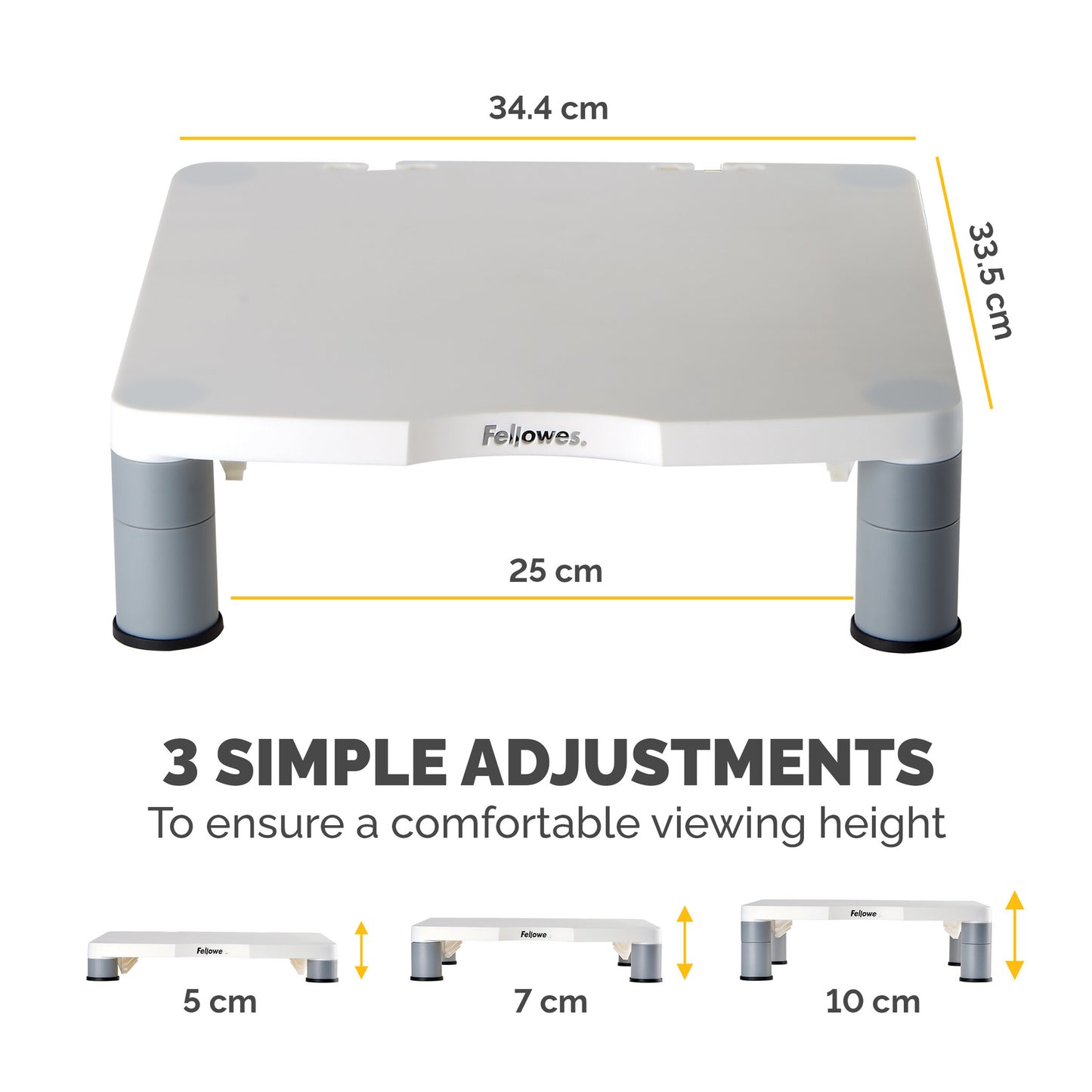 Fellowes Computer Monitor Stand with 3 Height Adjustments - Standard Monitor Riser with Cable Management - Ergonomic Adjustable Monitor Stand for Computers - Max Weight 27KG/Max Size 21" - Platinum