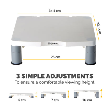 Fellowes Computer Monitor Stand with 3 Height Adjustments - Standard Monitor Riser with Cable Management - Ergonomic Adjustable Monitor Stand for Computers - Max Weight 27KG/Max Size 21" - Platinum