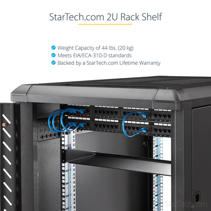 StarTech.com 2U Server Rack Shelf - Universal Rack Mount Cantilever Shelf for 19" Network Equipment Rack & Cabinet - Heavy Duty Steel – Weight Capacity 44lb/20kg - 16" Deep Tray, Black