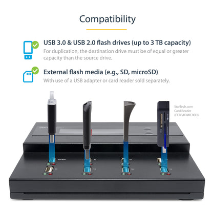 StarTech.com Standalone 1 to 7 USB Thumb Drive Duplicator and Eraser, Multiple USB Flash Drive Copier, System and File and Whole-Drive Copy at 1.5 GB/min, Single and 3-Pass Erase, LCD Display - TAA